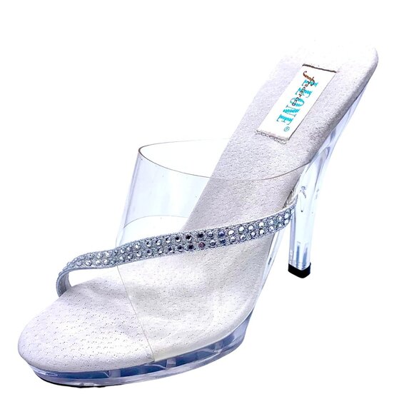 Leone Ava Clear Rhinestone Strap High Heel Sandals 6 Lucite Platform Slip-On - Picture 1 of 11